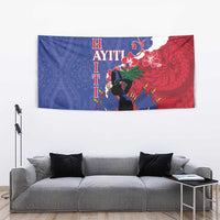 Rectangular wall tapestry showing blue and red Haiti map with ornate floral pattern and figure