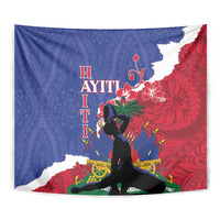 Close-up rectangular wall tapestry with blue and red Haiti map, flowers, and central figure