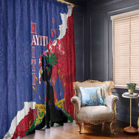 Blue and red window curtain panels with bold Haitian-style print and decorative border bottom