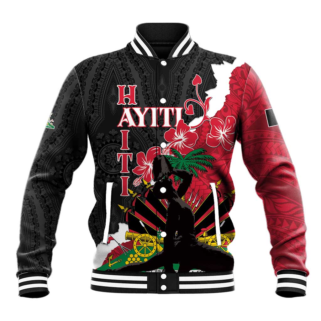 Unisex black baseball jacket with red side sleeves and bold front graphic, ribbed collar
