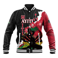 Unisex black baseball jacket with red side sleeves and bold front graphic, ribbed collar