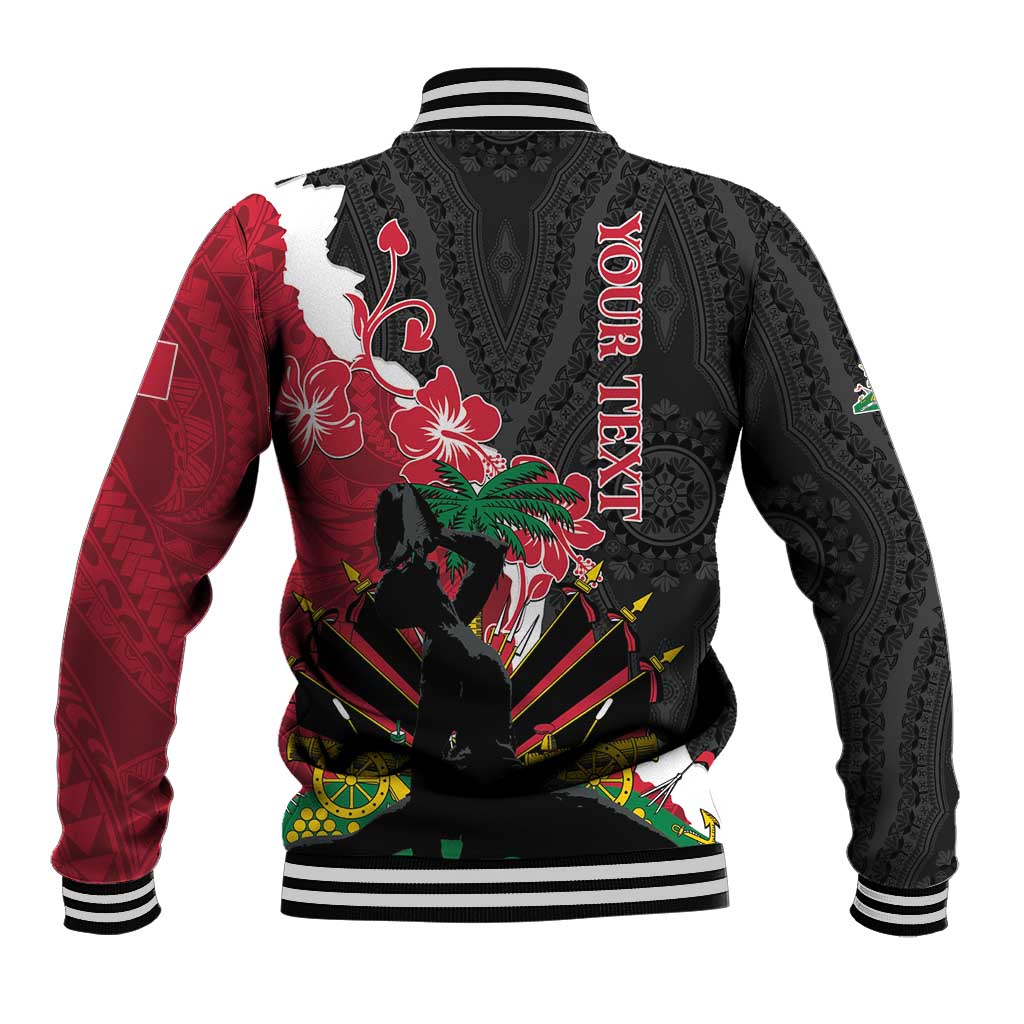 Unisex black baseball jacket with red panel sleeve and large back graphic, ribbed hem