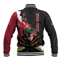 Unisex black baseball jacket with red panel sleeve and large back graphic, ribbed hem