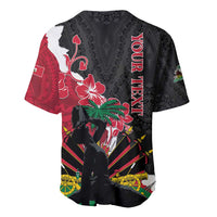 Black and red baseball jersey with hibiscus, palm, and dashiki-style patterned graphics