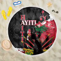 Round black beach blanket with fringe edge, red hibiscus floral and dancer graphic, tropical print