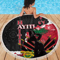 Round black beach blanket with fringe edge, red hibiscus and palm tree design with dancer silhouette