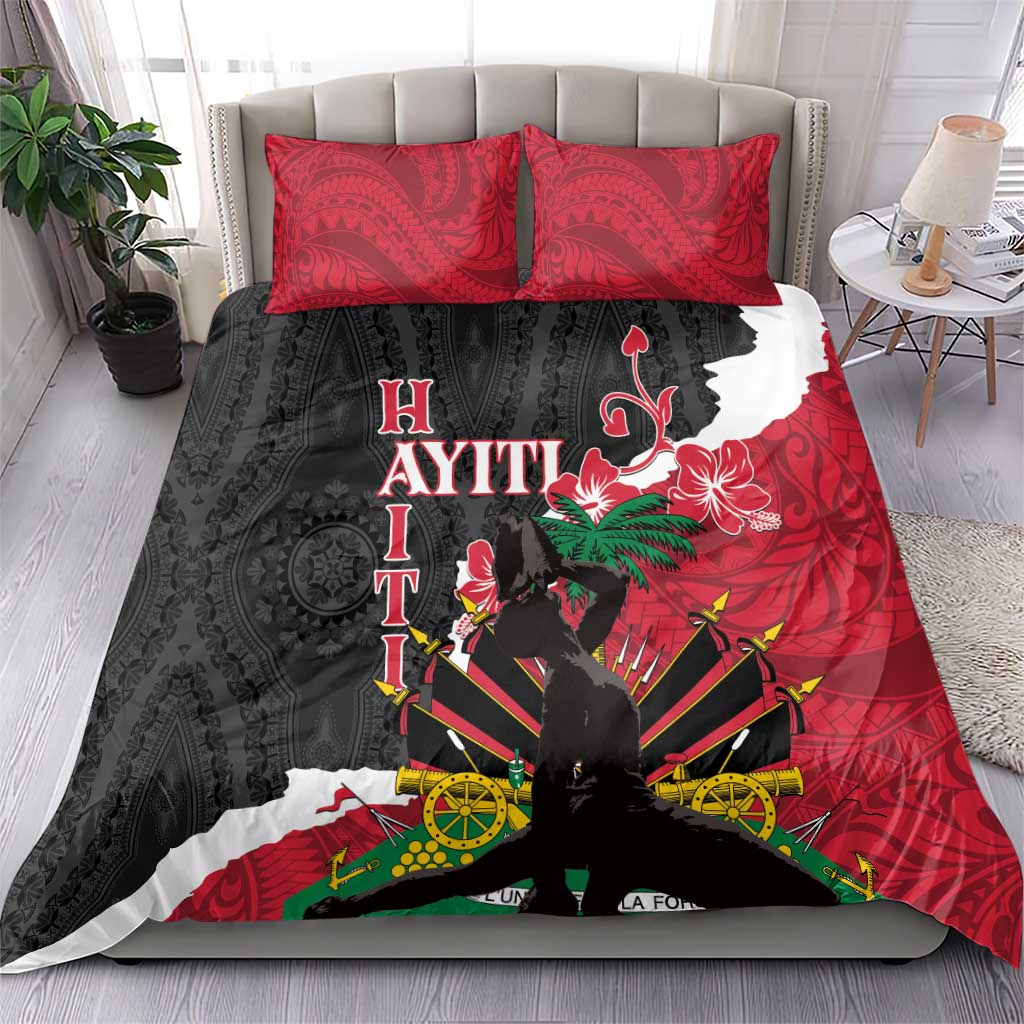 Bedding set on bed: red and black patterned duvet with two coordinating pillowcases