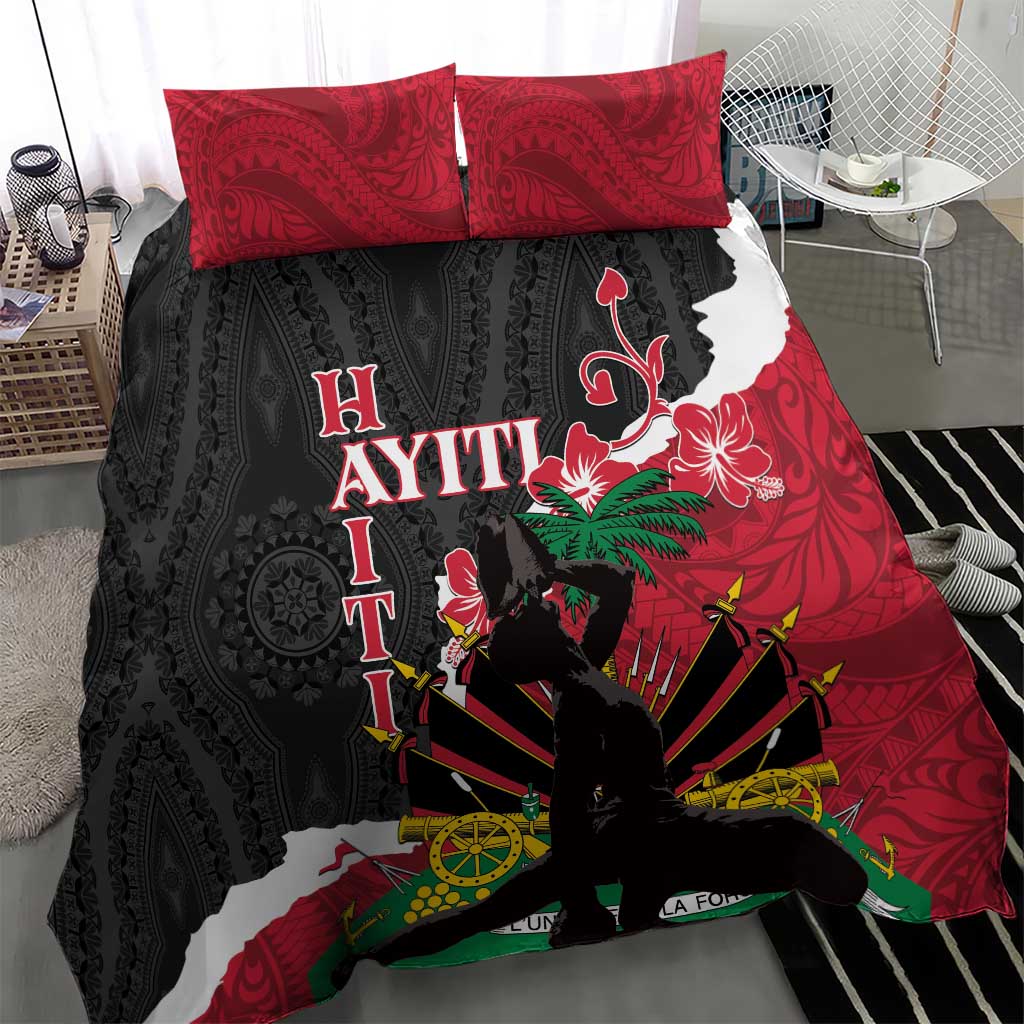 Bedding set with red, black, and white dashiki-style patterned duvet and two pillowcases