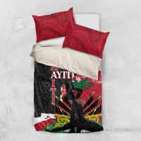 Bedding set flat lay: red and black patterned duvet with two pillowcases