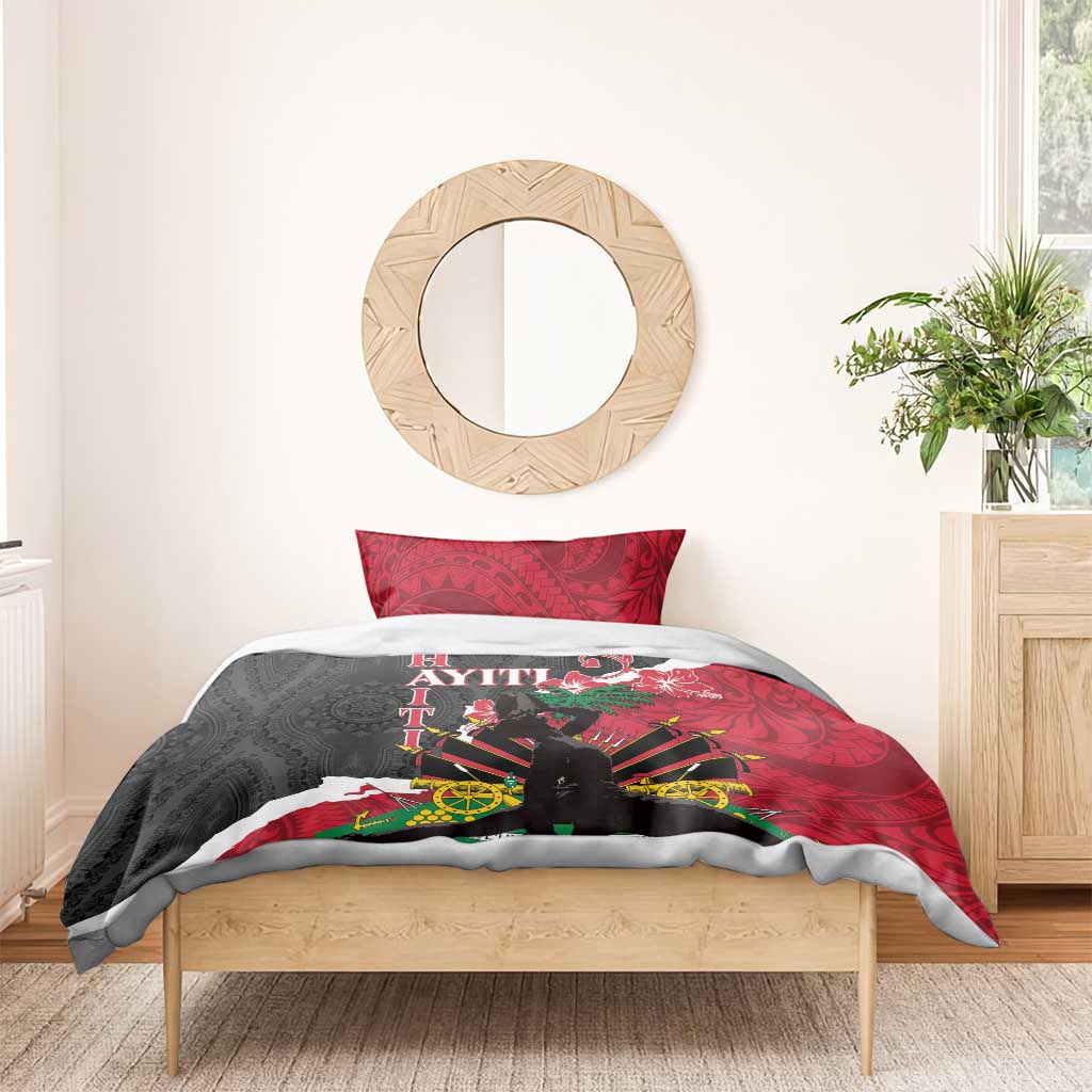 Bedding set on bed with red, black, and white patterned duvet and two pillowcases