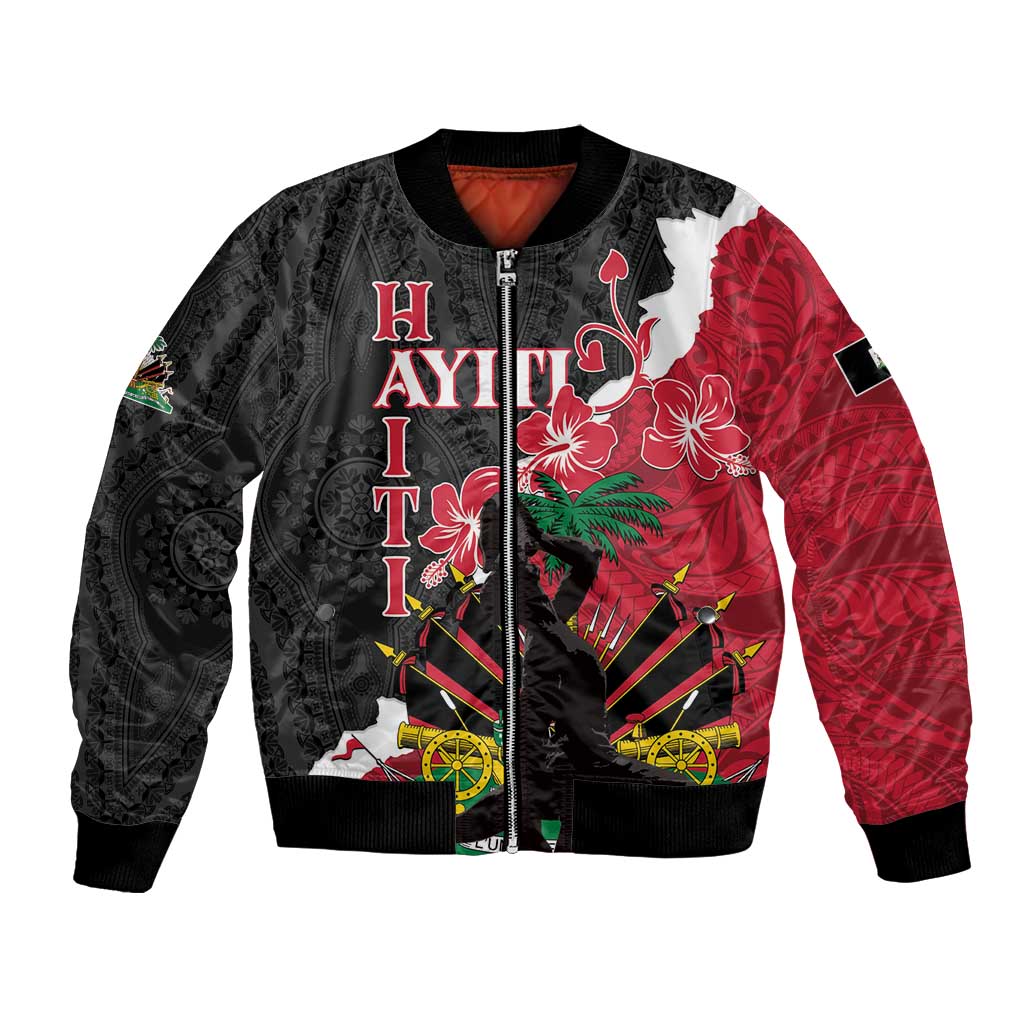 Unisex bomber jacket with black and red patterned zip front, ribbed cuffs