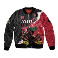 Unisex bomber jacket with black and red patterned zip front, ribbed cuffs