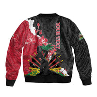 Unisex bomber jacket with black back and red side panels, ribbed hem