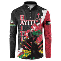 Black button-front long-sleeve sweatshirt with red/white Polynesian dashiki print