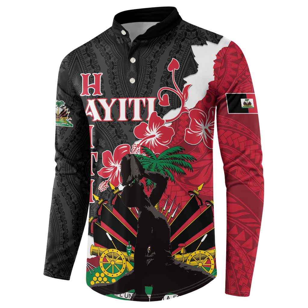 Black button-front long-sleeve sweatshirt with red/white Polynesian dashiki print, side view