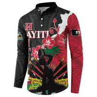 Black button-front long-sleeve sweatshirt with red/white Polynesian dashiki print, side view