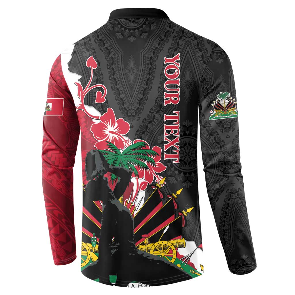Black long-sleeve sweatshirt with red floral Polynesian dashiki back print and button collar