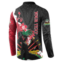 Black long-sleeve sweatshirt with red floral Polynesian dashiki back print and button collar