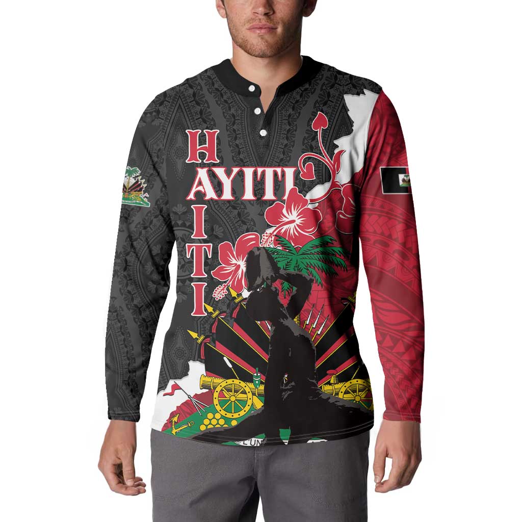 Black button-front long-sleeve sweatshirt with red/white Polynesian dashiki print on torso
