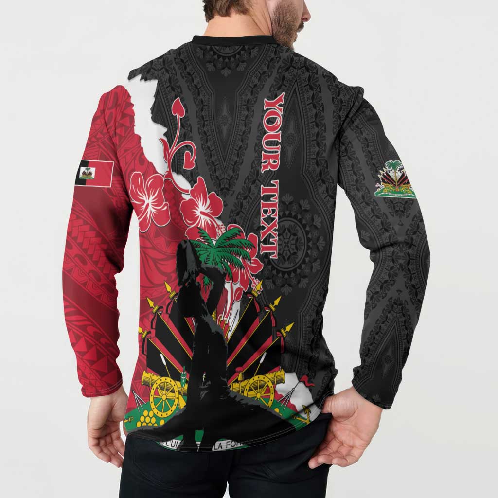 Black long-sleeve sweatshirt with red/white Polynesian dashiki back print and button placket