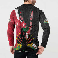 Black long-sleeve sweatshirt with red/white Polynesian dashiki back print and button placket