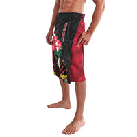 Men's knee-length shorts, black and red floral and geometric patchwork design