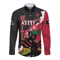 Men's long-sleeve button shirt in black with red white Polynesian dashiki graphic