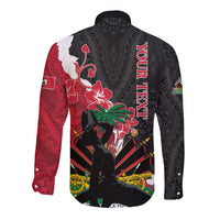 Long-sleeve button shirt, black with red white Polynesian pattern and sword figure graphic