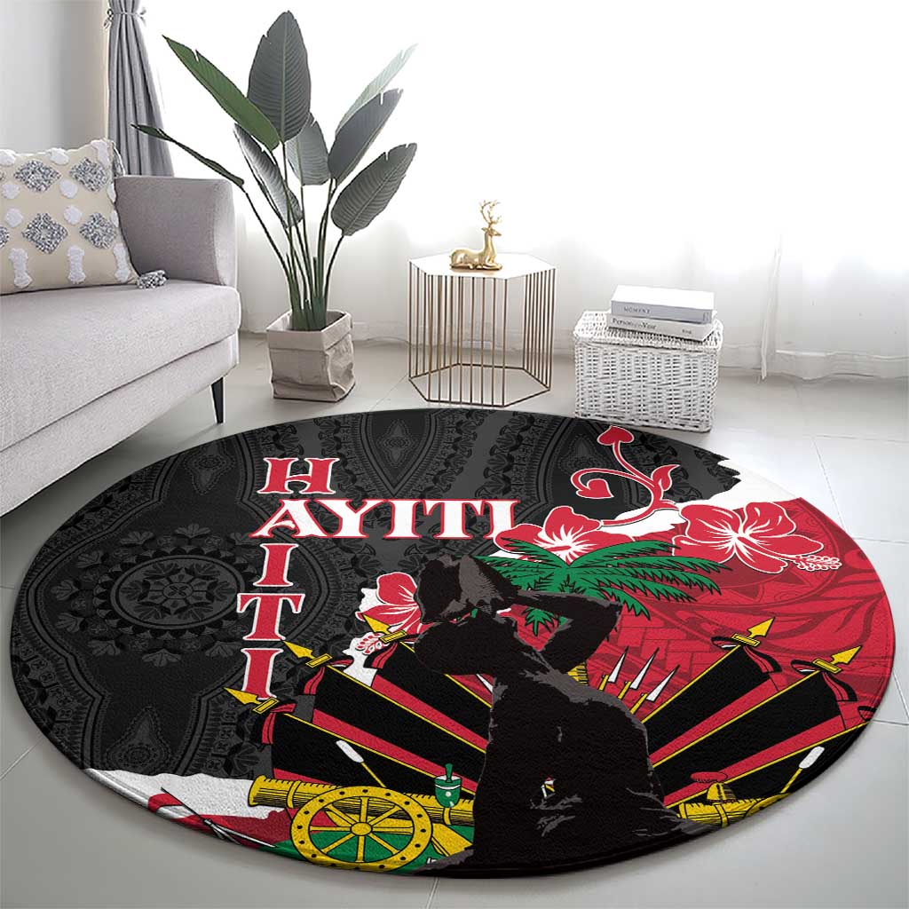 Round black carpet with large Ayiti lettering, hibiscus, and sailboat stripe artwork
