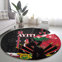 Round black carpet with large Ayiti lettering, hibiscus, and sailboat stripe artwork