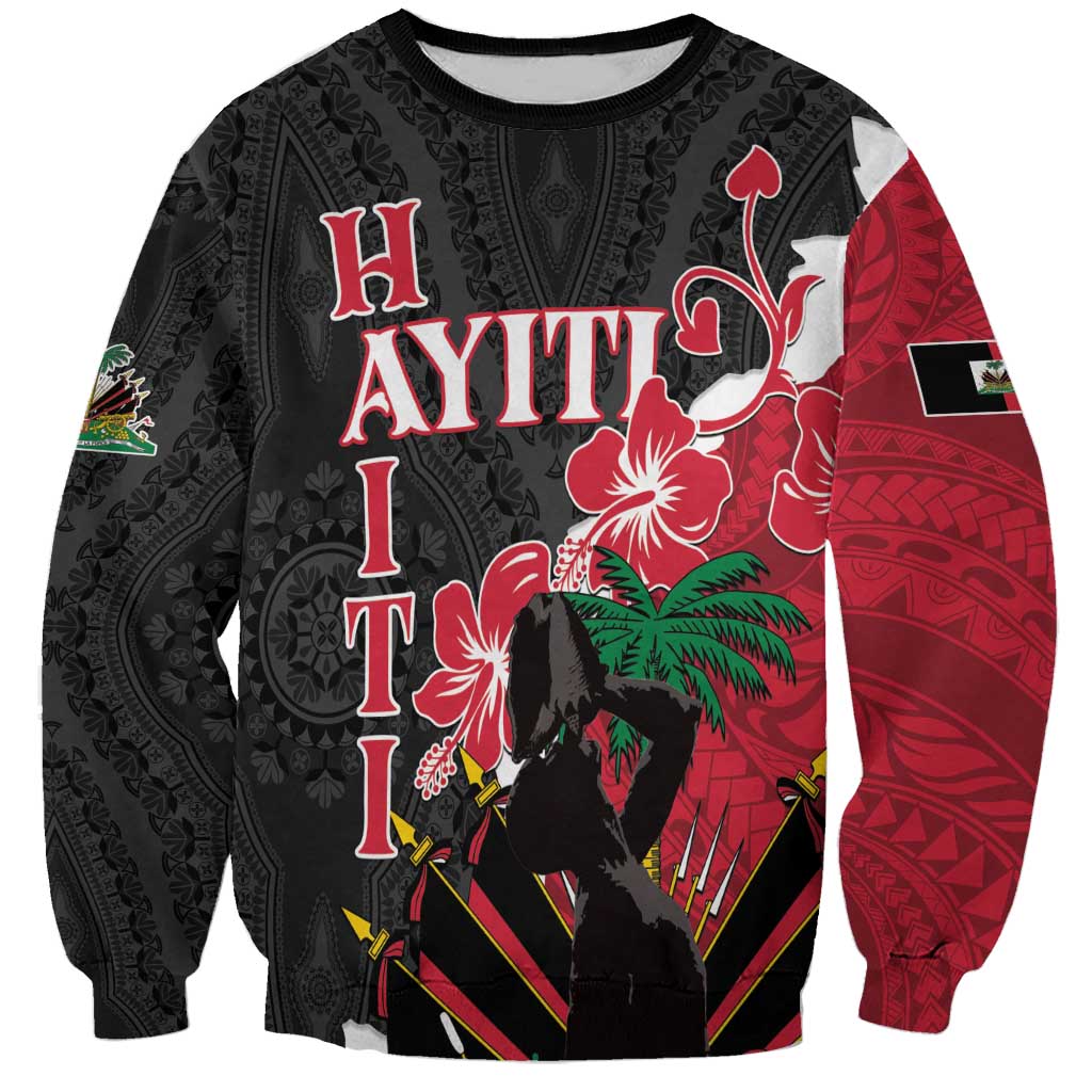 Unisex black sweatshirt with red floral, palm, and dashiki-style print (front)