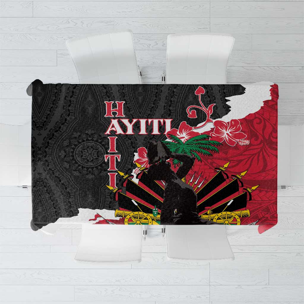 Black and red polynesian tablecloth with black animal motifs and bold geometric accents