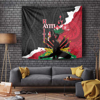 Black, red, and white tapestry wall hanging with Polynesian pattern and central silhouette