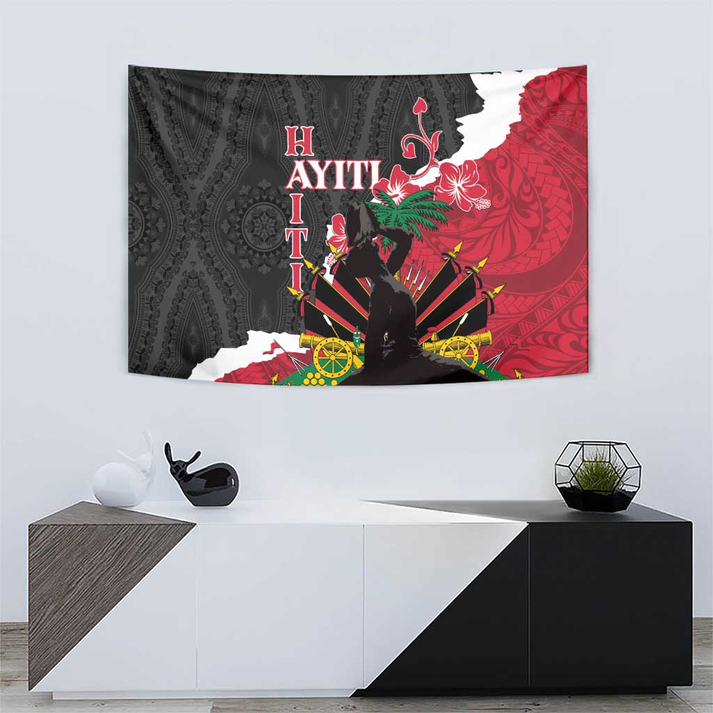 Black, red, and white Polynesian pattern tapestry with central seated silhouette on wall