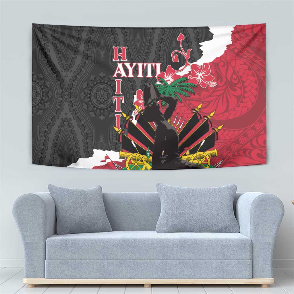 Black and red Polynesian pattern tapestry with floral details and central standing silhouette
