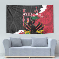 Black and red Polynesian pattern tapestry with floral details and central standing silhouette