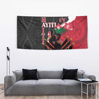 Black, red, and white tapestry with Polynesian motif and bold central silhouette on wall