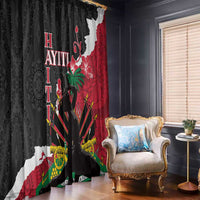 Black window curtain with red floral and tribal graphic print beside a small chair