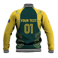 Back view baseball jacket in green and yellow with YOUR TEXT and 01, striped ribbed collar