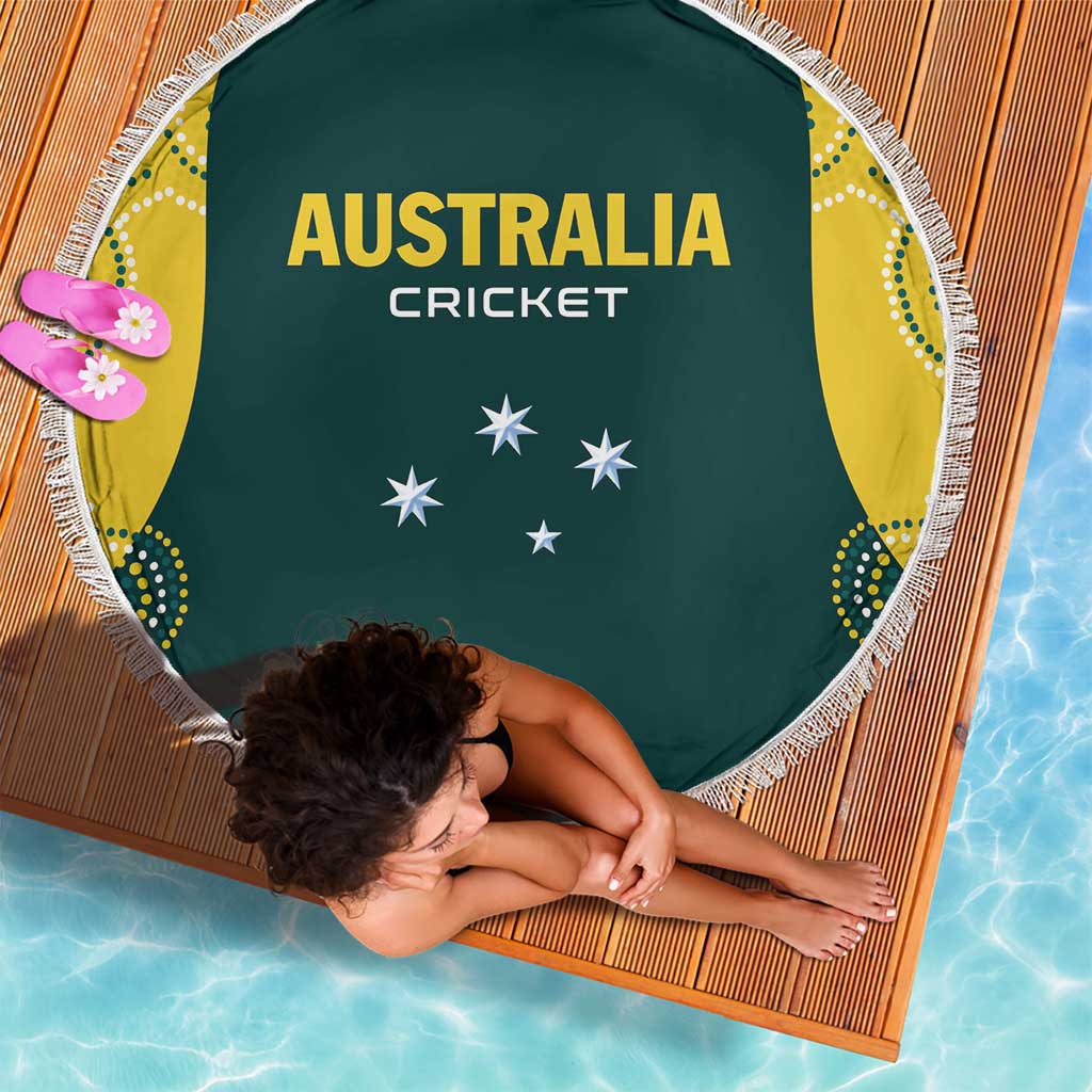 Round dark green Australia cricket beach blanket with white fringe, yellow sides and star symbols