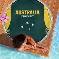 Round dark green Australia cricket beach blanket with white fringe, yellow sides and star symbols