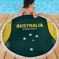 Round dark green Australia cricket beach blanket with white fringe, yellow accents and white stars