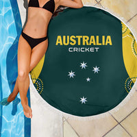 Round dark green Australia cricket beach blanket with white fringe and white star graphic