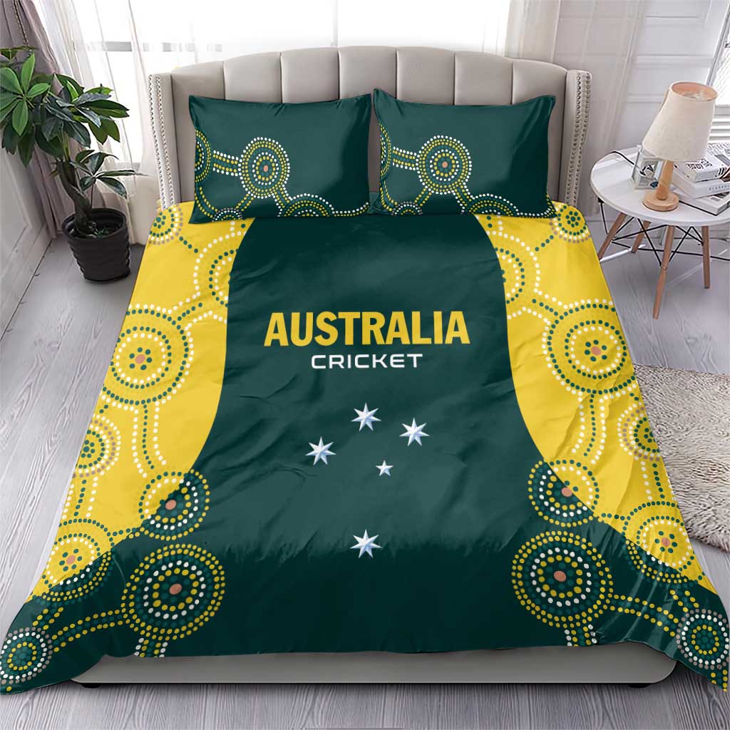 Australia cricket bedding set with two dark green pillows and yellow accents, AUSTRALIA CRICKET.