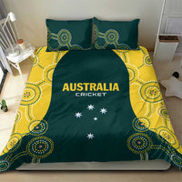 Australia cricket bedding set on bed: dark green comforter with yellow trim and AUSTRALIA CRICKET.