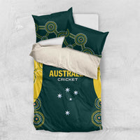 Australia cricket bedding set, dark green comforter with yellow trim and two matching pillowcases.