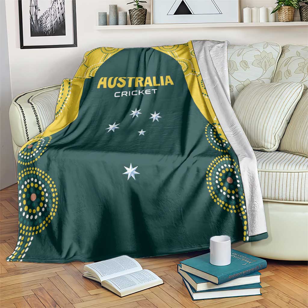 Australia cricket blanket in green with yellow border, 'AUSTRALIA CRICKET' and stars