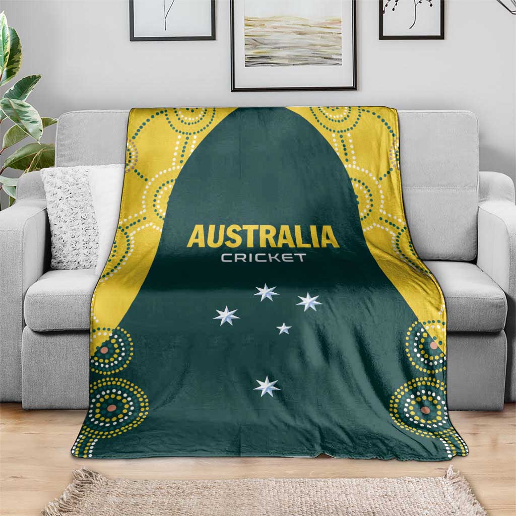 Green Australia cricket throw blanket with yellow trim, 'AUSTRALIA CRICKET' and star emblems