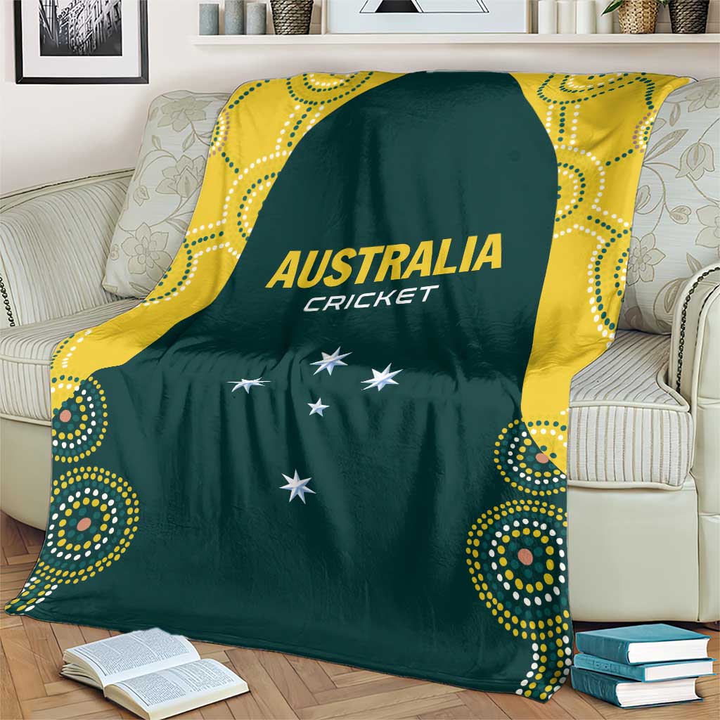 Green cricket blanket with yellow side panels and 'AUSTRALIA CRICKET' star design