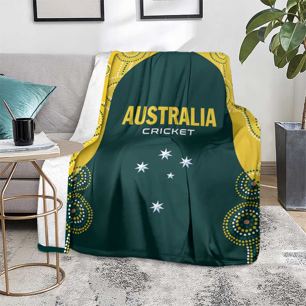 Green Australia cricket blanket with yellow border, 'AUSTRALIA CRICKET' lettering and stars